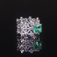 Load image into Gallery viewer, Cut 8*8mm Paraiba Green Crushed Ice Diamond Sterling Silver Diamond Fire CZ Miligrain Ring Antique Handmade Jewelry - Shop &amp; Buy
