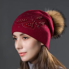 Load image into Gallery viewer, Fashion Pearl Butterfly Women Hats Knitted Wool Beanies Autumn Winter Warm Caps With Natural Fur Pom Pom Ladies Hat
