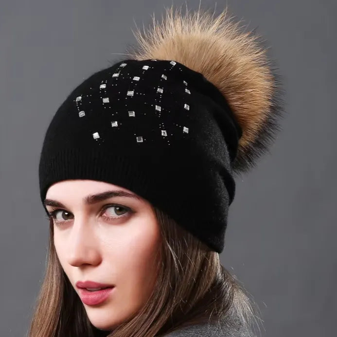 Wool Knitted Hats Fashion Rhinestone Glass Women Autumn Winter Warm Caps Natural Raccoon Fur Pompom Hat - Shop & Buy