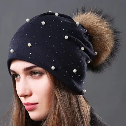 Women's Hat Natural Raccoon Fur Pompom Beanies Autumn Winter Warm Cotton Hats Rhinestone Fashion Caps - Shop & Buy