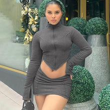 Load image into Gallery viewer, Dark Grey Short Skirts 2 Piece Set for Women Sexy Zipper Turtleneck Irregular Crop Top + Mini Skirts Skinny Clubwear Outfits - Shop &amp; Buy
