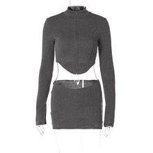 Load image into Gallery viewer, Dark Grey Short Skirts 2 Piece Set for Women Sexy Zipper Turtleneck Irregular Crop Top + Mini Skirts Skinny Clubwear Outfits - Shop &amp; Buy
