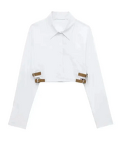 Load image into Gallery viewer, Women Lapel Cropped Shirt Casual Long Sleeve Pocket Belt White Short Blouse Female Simple High Street Tops
