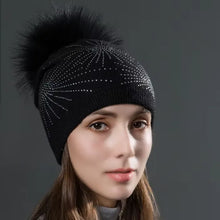 Load image into Gallery viewer, Rhinestone Knitted Wool Hats With Natural Raccoon Fur Pom Pom Caps Autumn Winter Warm Hat For Women Fashion Beanies
