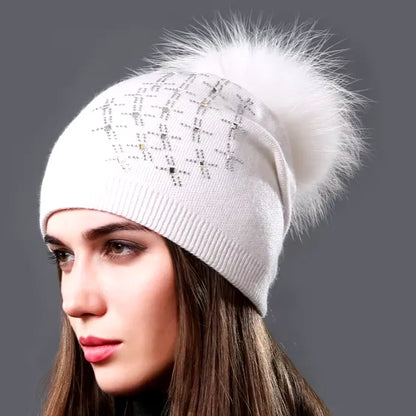 Wool Knitted Hats Fashion Rhinestone Glass Women Autumn Winter Warm Caps Natural Raccoon Fur Pompom Hat - Shop & Buy