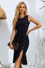 Load image into Gallery viewer, Decorative Button Split Ribbed Sleeveless Knit Dress - Shop &amp; Buy