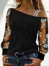 Load image into Gallery viewer, Delicate Embroidery Cold Shoulder T-Shirt - Stylish Loose Fit for Spring &amp; Fall - Comfortable Long Sleeves - Shop &amp; Buy

