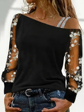 Load image into Gallery viewer, Delicate Embroidery Cold Shoulder T-Shirt - Stylish Loose Fit for Spring &amp; Fall - Comfortable Long Sleeves - Shop &amp; Buy
