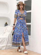 Load image into Gallery viewer, Ditsy Floral Tie Neck Top and Slit Skirt Set - Shop &amp; Buy

