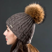 Load image into Gallery viewer, Double Layer Women Wool Caps With Natural Raccoon Fur Pompoms Hats Winter Warm Knitted Twist Beanies Fashion Female Hat
