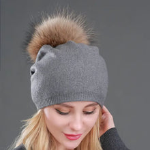 Load image into Gallery viewer, Autumn Winter Knitted Wool Hats For Women Fashion Pompon Beanies Fur Hat Female Warm Caps With Natural Genuine Raccoon Fur Cap
