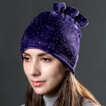 Load image into Gallery viewer, Women Rhinestones Velvet Hats Winter Warm Fashion Tied hair Ponytail Hat For Female Autumn Flannel Caps Skullies Beanies
