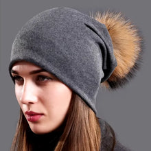 Load image into Gallery viewer, Female Natural Raccoon Fur Pompom Hats Beanies Autumn Winter Warm Solid Caps For Women
