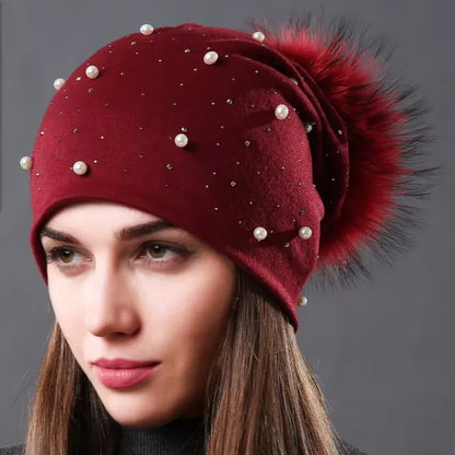 Women's Hat Natural Raccoon Fur Pompom Beanies Autumn Winter Warm Cotton Hats Rhinestone Fashion Caps - Shop & Buy