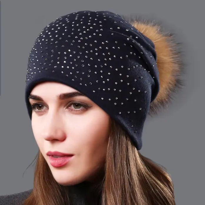 Women's Hat Natural Raccoon Fur Pompom Beanies Autumn Winter Warm Cotton Hats Rhinestone Fashion Caps - Shop & Buy