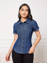 Load image into Gallery viewer, Effortless Chic Women Short Sleeve Denim Shirt - Classic Blue, Button-Front with Lapel Collar - Versatile Casual Wear for Everyday Style - Shop &amp; Buy
