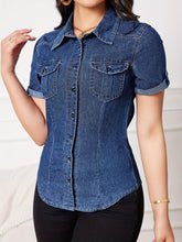 Load image into Gallery viewer, Effortless Chic Women Short Sleeve Denim Shirt - Classic Blue, Button-Front with Lapel Collar - Versatile Casual Wear for Everyday Style - Shop &amp; Buy
