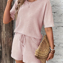 Load image into Gallery viewer, Effortlessly Chic Womens Waffle Knit Shorts Set - Loose Fit T-Shirt &amp; Elastic Waist Tied Shorts Outfit - Shop &amp; Buy
