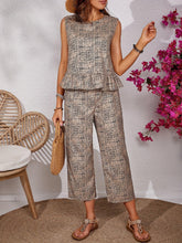 Load image into Gallery viewer, Elegant Allover Print Pants Set, Ruffle Trim Crew Neck Tank Top &amp; Straight Leg Pants Summer Outfits - Shop &amp; Buy
