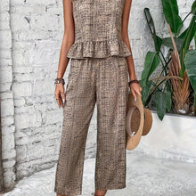 Load image into Gallery viewer, Elegant Allover Print Pants Set, Ruffle Trim Crew Neck Tank Top &amp; Straight Leg Pants Summer Outfits - Shop &amp; Buy

