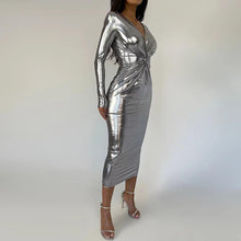 Load image into Gallery viewer, Elegant Glitter Metallochrome Twist Long Dress Women Sexy Deep V Neck Long Sleeve Bodycon Clubwear Party Dresses - Shop &amp; Buy

