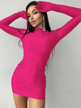 Load image into Gallery viewer, Elegant Gloves Fluorescent Color Mini Dress for Women Sexy Turtleneck Long Sleeve Bodycon Evening Club Party Dresses Fall Winter - Shop &amp; Buy

