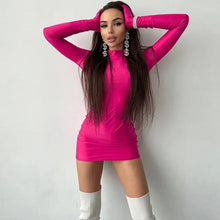 Load image into Gallery viewer, Elegant Gloves Fluorescent Color Mini Dress for Women Sexy Turtleneck Long Sleeve Bodycon Evening Club Party Dresses Fall Winter - Shop &amp; Buy
