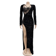 Load image into Gallery viewer, Elegant Hot Drilling Glitter Long Dress for Women Sexy Eyelash Lace Bodysuit Sequined High Slit Evening Club Party Dresses Sets - Shop &amp; Buy
