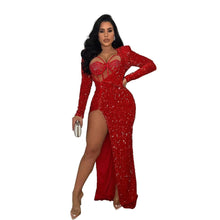 Load image into Gallery viewer, Elegant Hot Drilling Glitter Long Dress for Women Sexy Eyelash Lace Bodysuit Sequined High Slit Evening Club Party Dresses Sets - Shop &amp; Buy
