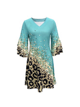 Load image into Gallery viewer, Elegant Leopard Print A-Line Dress with Flared Sleeves: Comfortable, Easy-Care, V-Neck - Shop &amp; Buy
