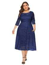 Load image into Gallery viewer, Elegant Plus Size Floral Lace Dress for Parties and Banquets - 3/4 Sleeves and Crew Neckline - Shop &amp; Buy
