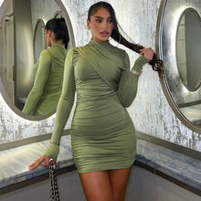 Load image into Gallery viewer, Elegant Ruched Mini Dress for Women Autumn Sexy O Neck Long Sleeve Bodycon Evening Club Party Dresses Casual Streetwear - Shop &amp; Buy
