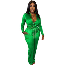 Load image into Gallery viewer, Elegant Satin 2 Piece Set Women Sexy Button Long Sleeve Lace Up Shirt Top + Drawstring Pants Slim Club Party Matching Sets - Shop &amp; Buy
