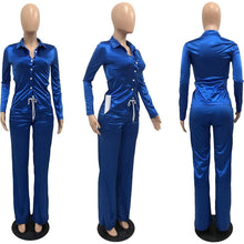 Load image into Gallery viewer, Elegant Satin 2 Piece Set Women Sexy Button Long Sleeve Lace Up Shirt Top + Drawstring Pants Slim Club Party Matching Sets - Shop &amp; Buy
