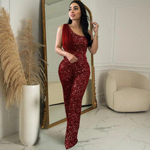 Load image into Gallery viewer, Elegant Sequined Glitter Jumpsuit for Women Sexy One Shoulder Patchwork Sheer Mesh Ribbon Skinny Night Club Party Romper Outfits - Shop &amp; Buy
