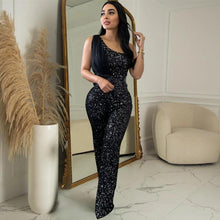Load image into Gallery viewer, Elegant Sequined Glitter Jumpsuit for Women Sexy One Shoulder Patchwork Sheer Mesh Ribbon Skinny Night Club Party Romper Outfits - Shop &amp; Buy

