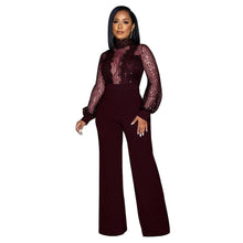 Load image into Gallery viewer, Elegant Sequins Sheer Mesh Lace Patchwork Jumpsuit Women Sexy Wide Leg Pants Slashes Bandage Club Party Romper One-piece - Shop &amp; Buy
