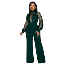 Load image into Gallery viewer, Elegant Sequins Sheer Mesh Lace Patchwork Jumpsuit Women Sexy Wide Leg Pants Slashes Bandage Club Party Romper One-piece - Shop &amp; Buy