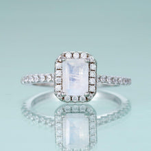 Load image into Gallery viewer, Emerald Cut Milky Blue Moonstone Engagement Ring Halo Solitaire Wedding Ring Bridal Rings Birthstone Jewelry - Shop &amp; Buy
