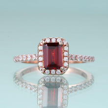 Load image into Gallery viewer, Emerald Cut Red Garnet Engagement Ring Halo Solitaire Wedding Ring Simulated Diamond Art Deco Bridal Ring Set - Shop &amp; Buy
