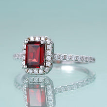 Load image into Gallery viewer, Emerald Cut Red Garnet Engagement Ring Halo Solitaire Wedding Ring Simulated Diamond Art Deco Bridal Ring Set - Shop &amp; Buy
