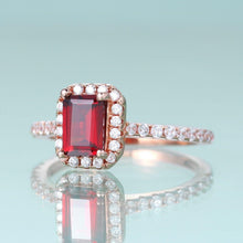 Load image into Gallery viewer, Emerald Cut Red Garnet Engagement Ring Halo Solitaire Wedding Ring Simulated Diamond Art Deco Bridal Ring Set - Shop &amp; Buy
