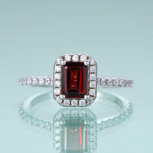 Load image into Gallery viewer, Emerald Cut Red Garnet Engagement Ring Halo Solitaire Wedding Ring Simulated Diamond Art Deco Bridal Ring Set - Shop &amp; Buy
