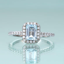 Load image into Gallery viewer, Emerald Cut Sky Blue Topaz Engagement Ring Halo Solitaire Wedding Ring Simulated Diamond Art Deco Bridal Ring Set - Shop &amp; Buy
