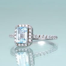 Load image into Gallery viewer, Emerald Cut Sky Blue Topaz Engagement Ring Halo Solitaire Wedding Ring Simulated Diamond Art Deco Bridal Ring Set - Shop &amp; Buy
