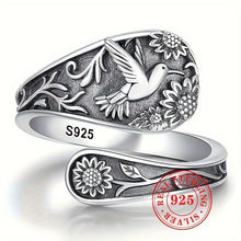 Load image into Gallery viewer, Enchanting Bohemian Leaf &amp; Flower Ring with Bird Carving - Adjustable Sterling Silver Vintage Style Jewelry - Shop &amp; Buy
