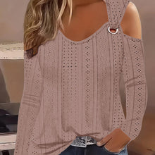 Load image into Gallery viewer, Eyelet Cold Shoulder T-Shirt, Casual Long Sleeve Top For Spring &amp; Fall, Women&#39;s Clothing - Shop &amp; Buy
