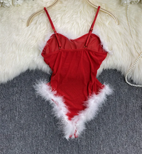 Load image into Gallery viewer, Sexy Christmas Bodysuit Strap Sleeveless Sheath Mesh Playsuit Ladies Slim Sheer Feather Sensual Jumpsuits
