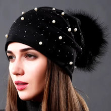 Load image into Gallery viewer, Women&#39;s Fashion Hat Autumn Winter Rhinestones Pearl Hats Female Beanies Natural Raccoon Fur Pompom Cotton Warm Caps
