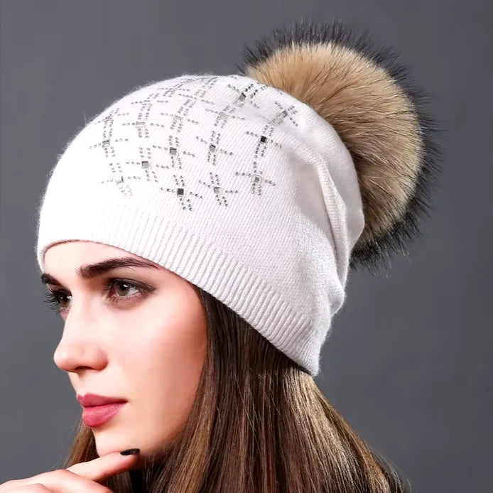 Wool Knitted Hats Fashion Rhinestone Glass Women Autumn Winter Warm Caps Natural Raccoon Fur Pompom Hat - Shop & Buy